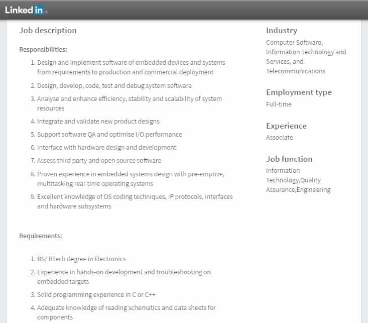 Embedded systems typical job requiement