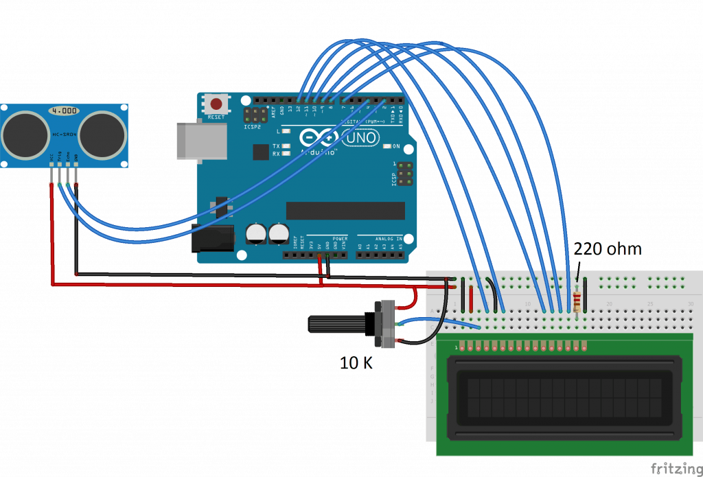 Circuit diagram to interface LCD and HC-SR04 with an Arduino Uno