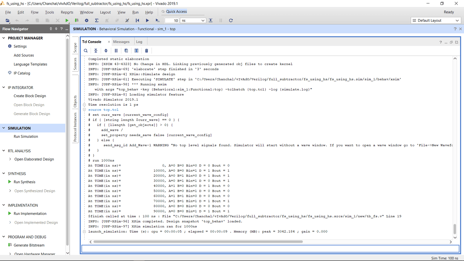 TCL Console Output for Full Subtractor Circuit